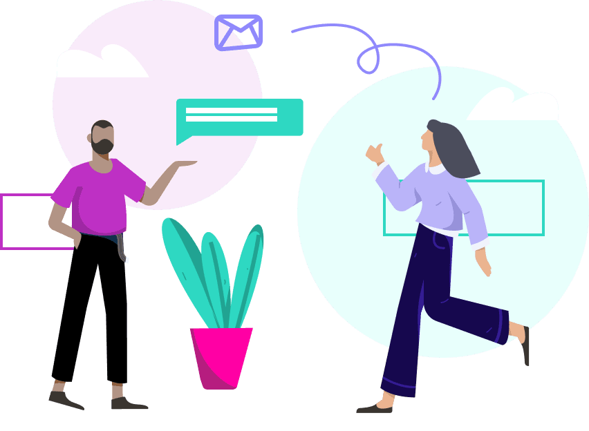 Two people with text messaging bubbles and email icons floating in the air around them.