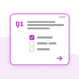 A template question card displays a progression bar through a survey. It also features space for a custumized prompt and a multiple-choice selection for responses.